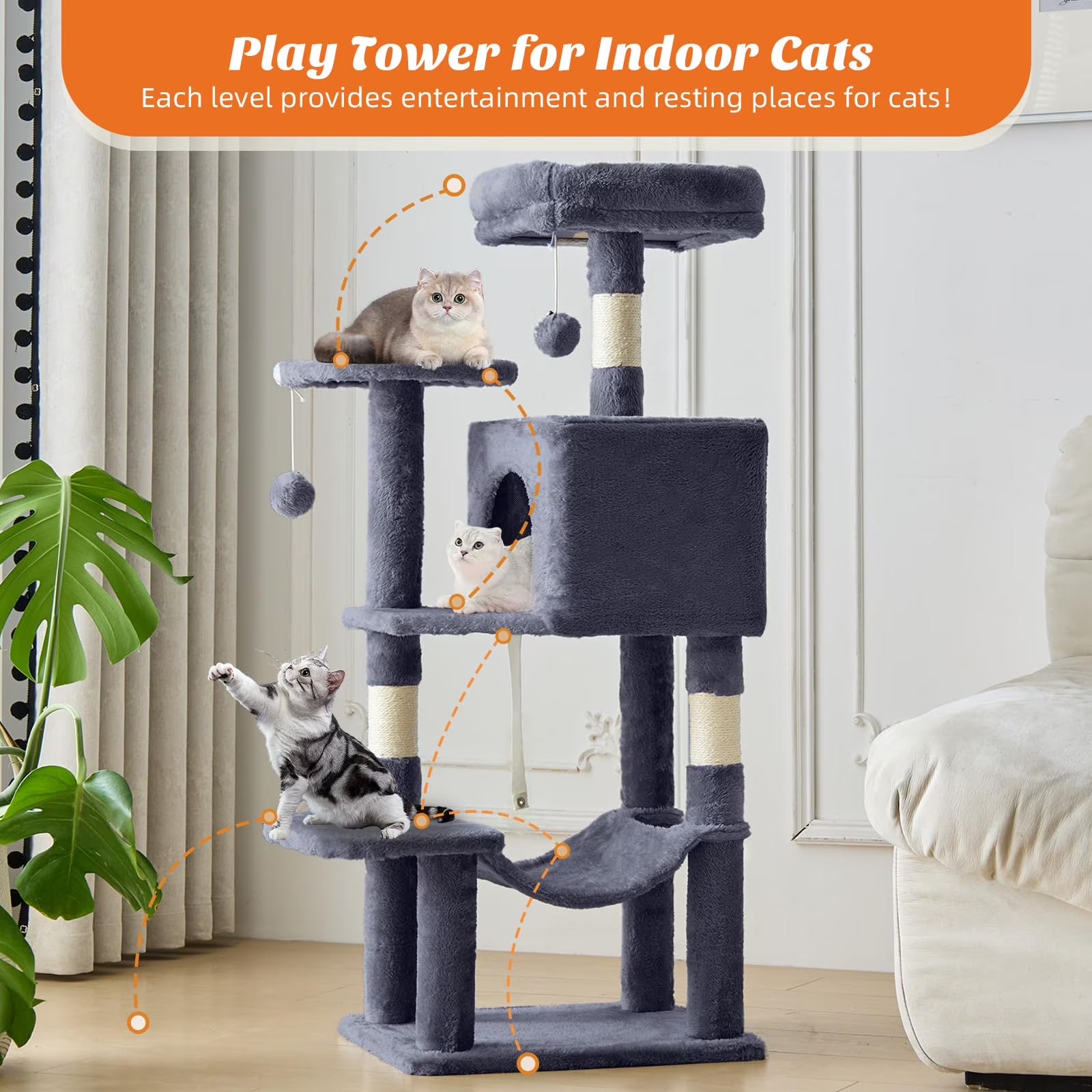 44 Inch Cat Tree, Multi-Level Indoor Cat Tower with Condo, Hammock, Sisal Scratching Posts, Anti-Tip Bolts for Indoor Cats, Gray