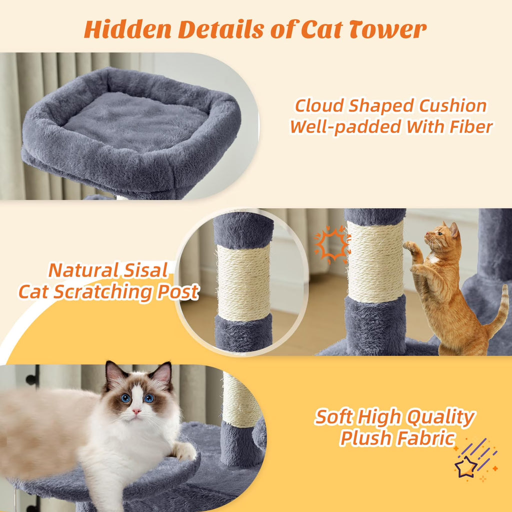 44 Inch Cat Tree, Multi-Level Indoor Cat Tower with Condo, Hammock, Sisal Scratching Posts, Anti-Tip Bolts for Indoor Cats, Gray