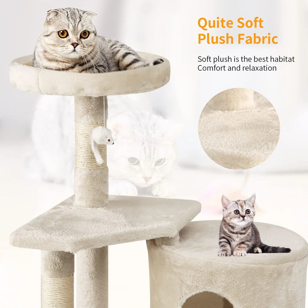 36 Inch Cat Tree Cat Tower for Small Cats, Plush Multi-Level Cat Condo with Scratch Post Kittens Playhouse Furniture Set, Beige