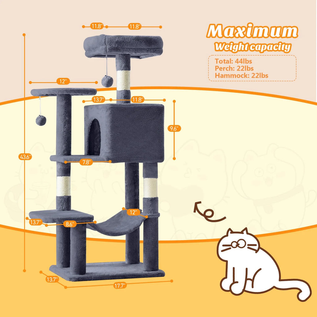 44 Inch Cat Tree, Multi-Level Indoor Cat Tower with Condo, Hammock, Sisal Scratching Posts, Anti-Tip Bolts for Indoor Cats, Gray