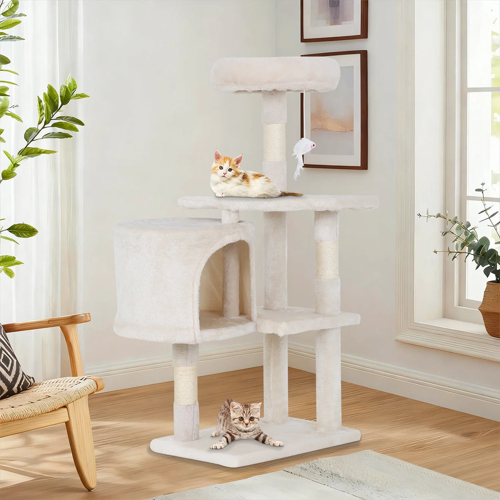 36 Inch Cat Tree Cat Tower for Small Cats, Plush Multi-Level Cat Condo with Scratch Post Kittens Playhouse Furniture Set, Beige
