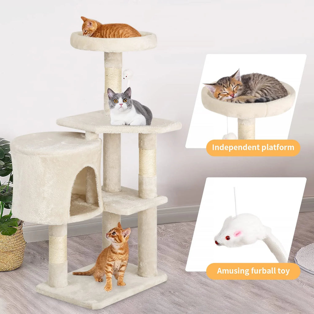 36 Inch Cat Tree Cat Tower for Small Cats, Plush Multi-Level Cat Condo with Scratch Post Kittens Playhouse Furniture Set, Beige