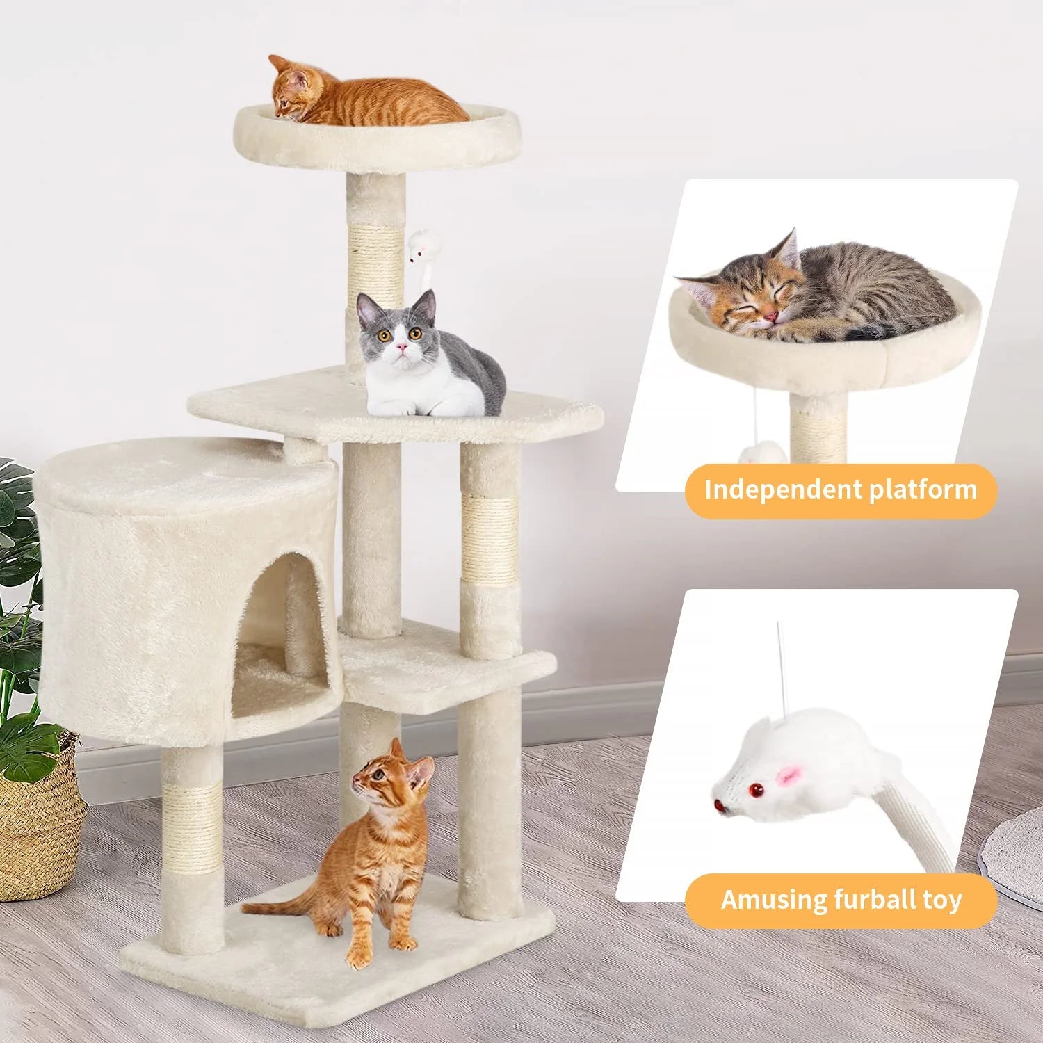 36 Inch Cat Tree Cat Tower for Small Cats, Plush Multi-Level Cat Condo with Scratch Post Kittens Playhouse Furniture Set, Beige