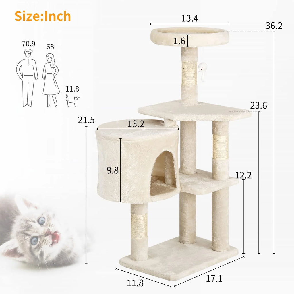 36 Inch Cat Tree Cat Tower for Small Cats, Plush Multi-Level Cat Condo with Scratch Post Kittens Playhouse Furniture Set, Beige
