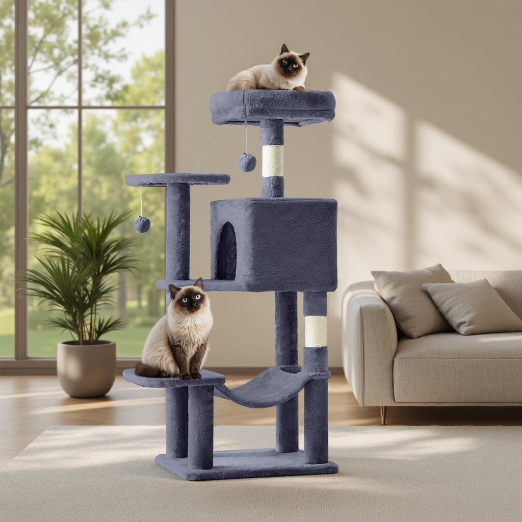44 Inch Cat Tree, Multi-Level Indoor Cat Tower with Condo, Hammock, Sisal Scratching Posts, Anti-Tip Bolts for Indoor Cats, Gray