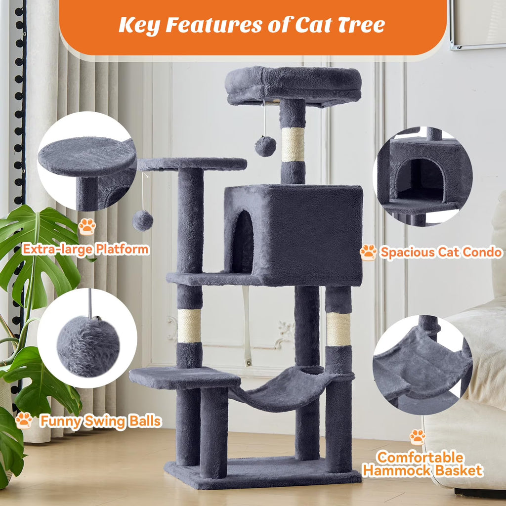 44 Inch Cat Tree, Multi-Level Indoor Cat Tower with Condo, Hammock, Sisal Scratching Posts, Anti-Tip Bolts for Indoor Cats, Gray